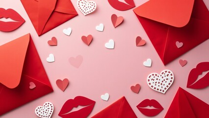 Fototapeta premium Romantic Valentine's Day Flat Lay, Red Envelopes, Paper Hearts & Kissing Lips Stickers on Pink