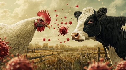 Artistic portrayal of H5N1 virus crossing from poultry to cattle in nature
