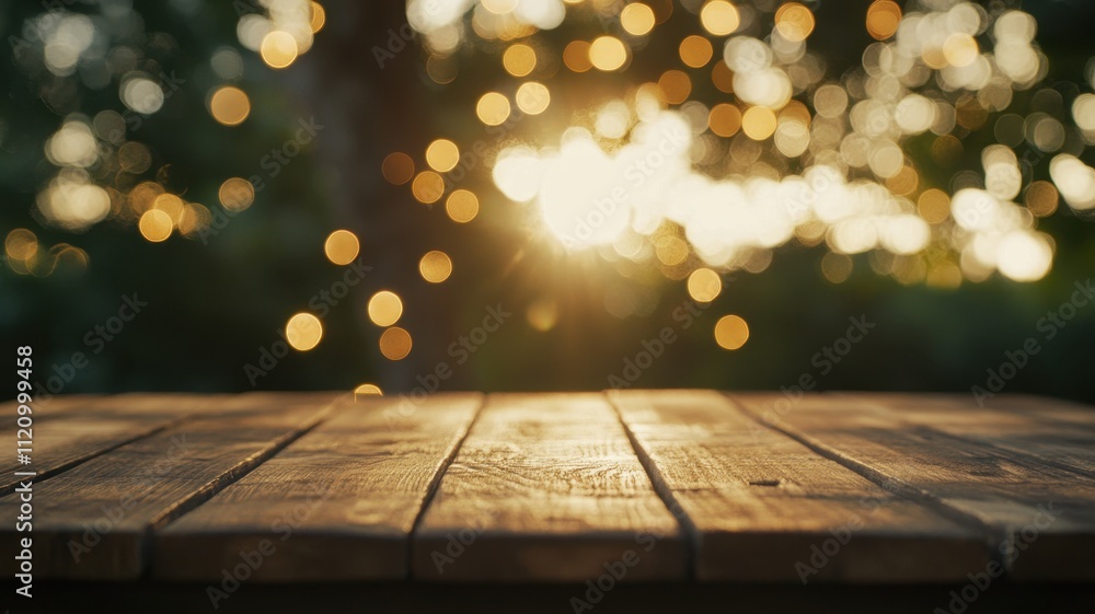 Poster blurred bokeh lights at sunset on an empty wooden table create a festive and background magical atmo
