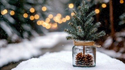 Miniature Christmas Tree in a Jar on Snowy Surface with Festive Lights