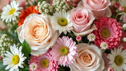 Obraz premium Pastel Spring Bouquet, Close-up of Roses, Daisies, and Gerbera Daisies in a Vibrant Floral Arrangement, Perfect for Weddings and Romantic Garden Settings