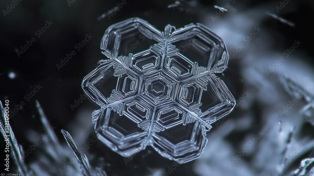 Poster a close-up view of a delicate, intricate snowflake showcasing its unique crystalline structure.