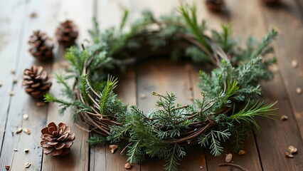 Rustic Twig and Evergreen Wreath on Wooden Table with Pine Cones, A Simple, Aesthetic Christmas or Winter Decoration Photo