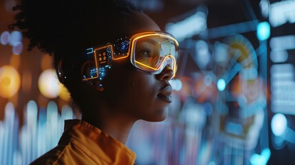 A person wearing futuristic goggles, immersed in digital data visualization.