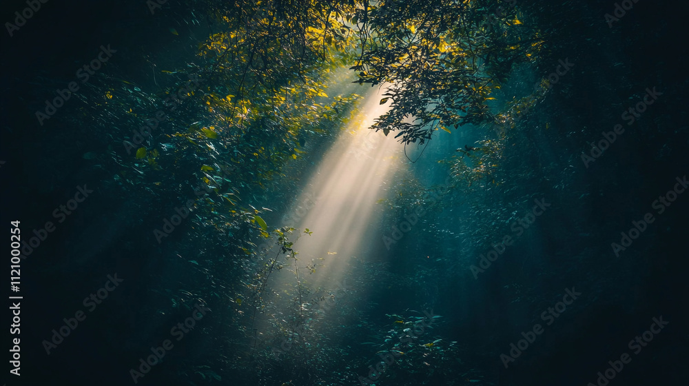 Poster light beams filtering through dense forest canopy at dawn