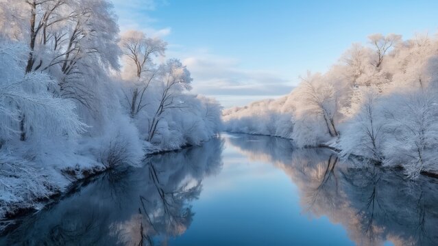Serene Winter Wonderland, Snow-Covered Trees Reflecting on Calm River, Rive du Bois Candide Landscape