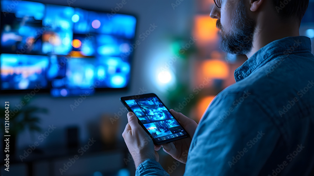 Poster a man reviews security footage on his tablet at night. a large monitor displaying multiple camera fe
