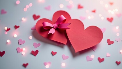 Romantic Red Paper Hearts with Pink Bow, Valentine's Day Design, Bokeh Lights, Scattered Hearts