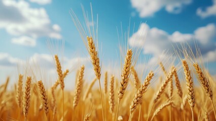 Fototapeta premium Golden Wheat Stalks Swaying in Breeze, A Close-Up Harvest Scene of Abundant, Ripe Wheat under a Blue Sky with Fluffy White Clouds. Symbol of Agricultural Bounty and Nature's Generosity.