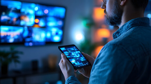 A man reviews security footage on his tablet at night. A large monitor displaying multiple camera feeds is in the background. The scene is dimly lit, creating a moody atmosphere.