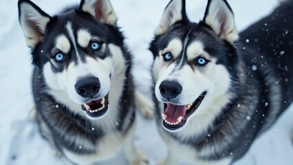 Obraz premium Adorable Siberian Huskies in Winter Wonderland, Close-up of Two Playful Dogs with Striking Blue Eyes, Smiling and Posing in Snowy Landscape