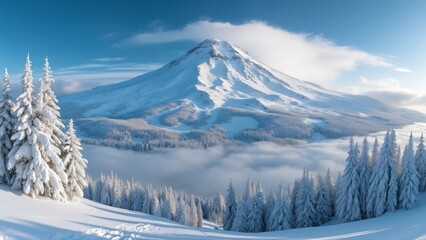 Obraz premium Majestic Panoramic View, Snow-Covered Mountain Peak, Winter Wonderland, Scenic Landscape, Snow-laden Trees, Wide Angle Photography