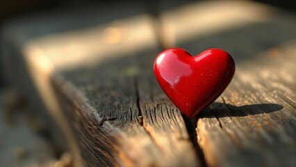 Fototapeta premium Red Heart Shaped Pin on Rustic Wooden Table, Sunlit Romance