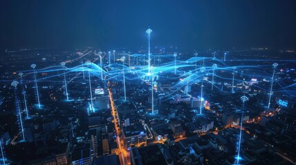 A futuristic cityscape with digital connections and data flow visualizations.