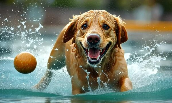 Happy golden retriever running through water, chasing a ball.