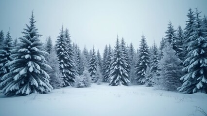 Stunning Panoramic View of a Snow Covered Pine Forest in Winter