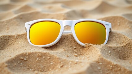 Obraz premium Summer Vacation, White Sunglasses with Yellow Lenses on Sandy Beach, Top View. High-quality Photo with Copy Space for Text or Design.