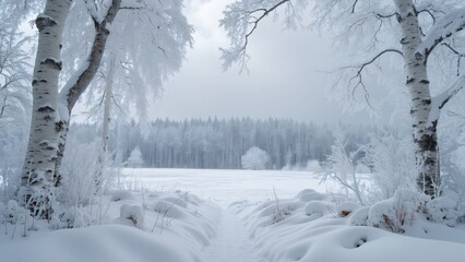 Obraz premium Majestic Winter Birch Trees, Snow-Covered Branches, Expansive Snowy Landscape, Frozen Forest