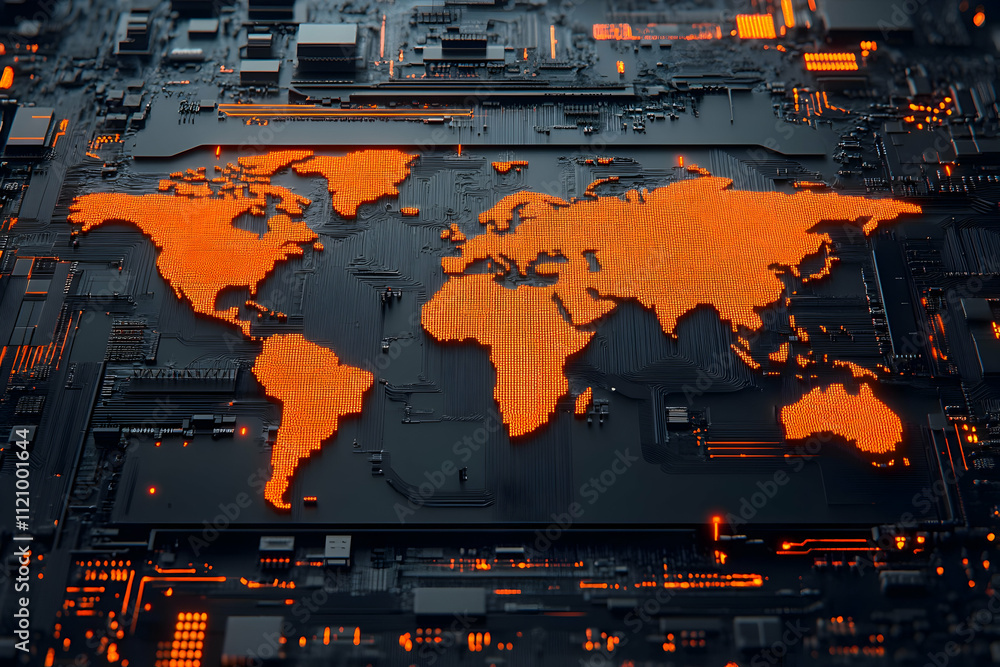 Poster world map on a circuit board, global network concept.