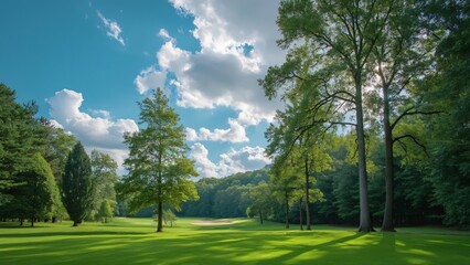 Obraz premium Serene Golf Course Park, Lush Greenery, Tall Trees, Cloudy Blue Sky