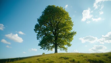 Obraz premium Majestic Lone Tree on Grassy Hill, Summer Day, Wide Angle View, National Geographic Aesthetic