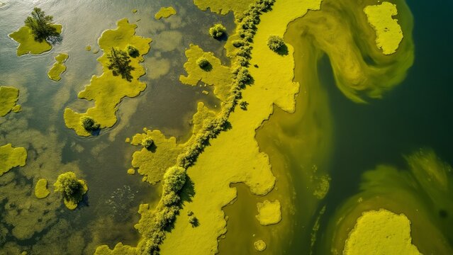 Stunning Aerial View of Coastal Marshland with Yellow-Green Algae, Drone Photography in National Geographic Style