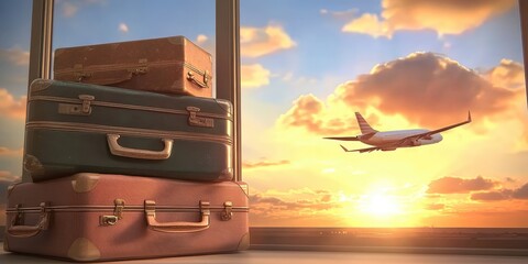 Stack of Old Luggage on Windowsill with Airplane Taking Off Against a Beautiful Sunset Sky