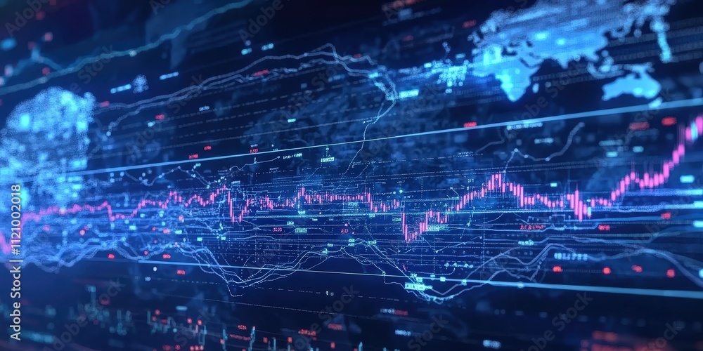 Poster dynamic stock market graph with candlestick patterns and trend lines showcasing real-time financial 
