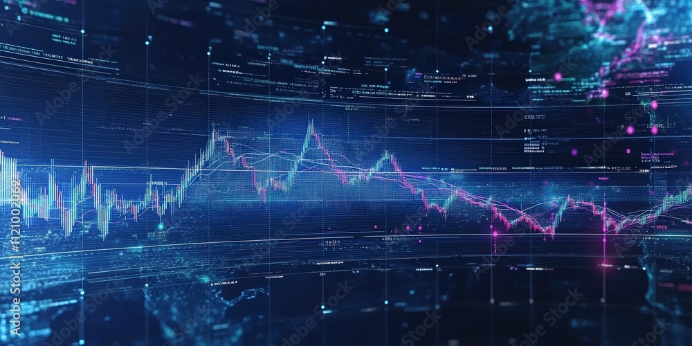 Poster dynamic stock market graph with candlestick patterns and trend lines depicting financial data analys