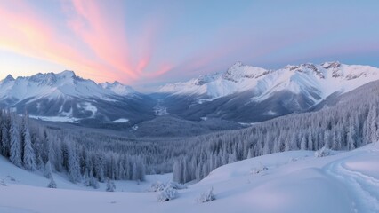 Fototapeta premium Award-Winning Panoramic Dawn View of Tatra Mountains in Winter, Snow-Covered Peaks, Forest, and Soft Pink Clouds