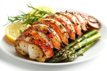 Grilled lobster tail with asparagus and lemon. Perfect for menus, recipe sites, or culinary blogs showcasing delicious seafood.