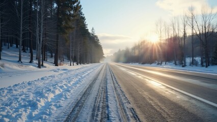 Obraz premium Scenic Winter Highway, Snow-Covered Asphalt Road with Tire Tracks, Sun Shining Through Trees in Snowy Landscape