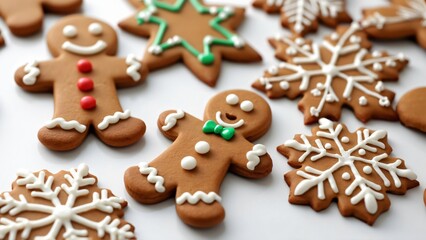 Close-up of Deliciously Decorated Gingerbread Cookies, Festive Holiday Treats - Gingerbread Men, Snowflakes, Stars