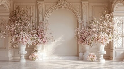Elegant Floral Arrangement in a Light and Airy Room with White Walls and Marble Floor, Featuring Beautiful Flower Vases and Decorative Touches