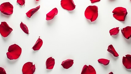 Romantic Red Rose Petals Scattered on White Background, Flat Lay Product Photography
