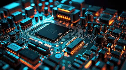 A detailed top view of a circuit board, showcasing the intricate components of modern electronics.