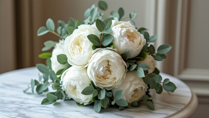 Obraz premium Elegant White Peony & Eucalyptus Bridal Bouquet on Marble Table, Wedding Flower Delivery Image