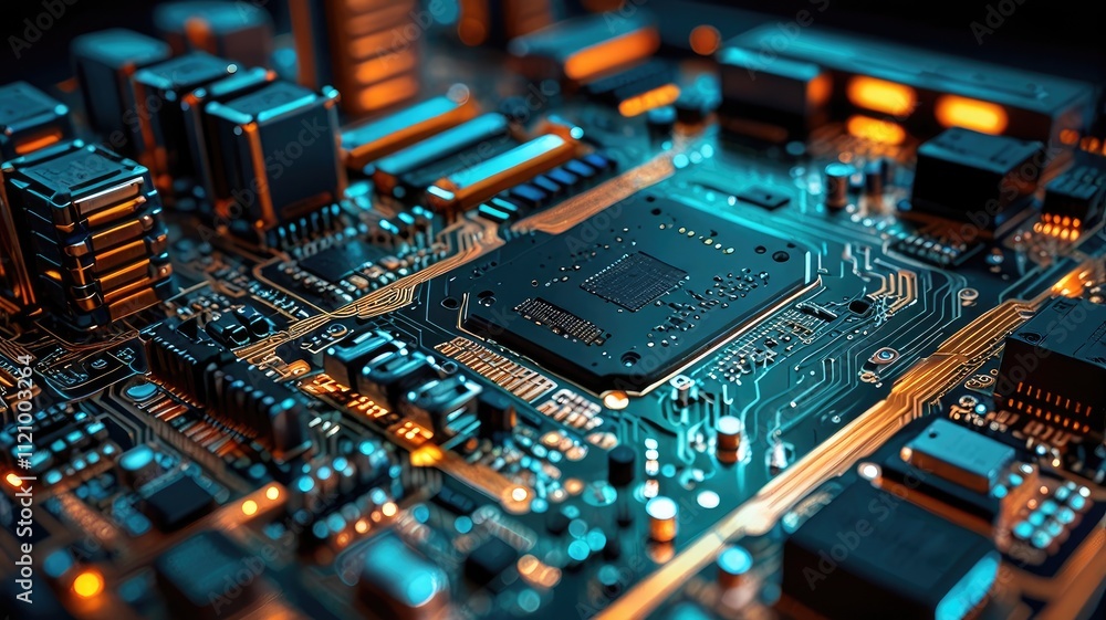 Poster a detailed top view of a circuit board, showcasing the intricate components of modern electronics.