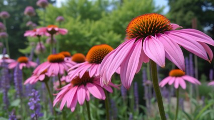 Obraz premium Vibrant Pink Echinacea Coneflowers in a Serene Garden Setting, Close-up of Delicate Petals, Yellow Centers, and Lush Greenery