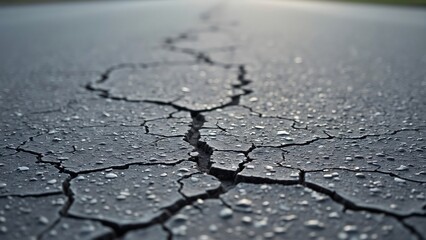 Obraz premium Close-up of Cracked Asphalt Road Surface with Water Droplets - Detailed Texture Background for Design and Graphic Presentation