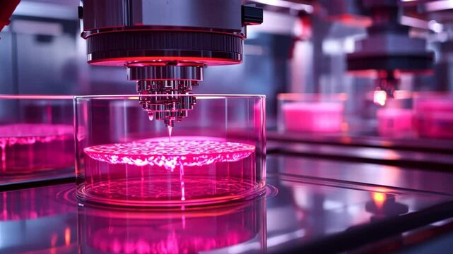 A futuristic 3D bioprinter creating human tissue for medical research, pushing the boundaries of regenerative medicine and organ transplantation with precision and innovation.