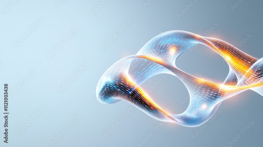 Poster abstract flowing shapes with glowing elements on a soft background.