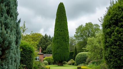 Majestic Cypress Tree in Lush English Garden - Vibrant Green Foliage, Cloudy Sky, 