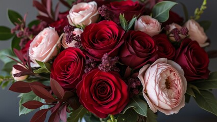 Bold Romantic Bouquet, Deep Red Roses, Pale Pink Ranunculus, Burgundy Foliage, Close-up Floral Arrangement