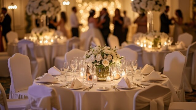 Elegant White Wedding Reception Banquet Hall, Nighttime Indoor Event with White Flowers, Candles, and Dancing Guests - Powered by Adobe