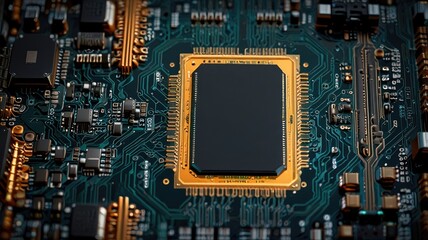 Fototapeta premium A detailed top view of a circuit board, showcasing the intricate components of modern electronics.