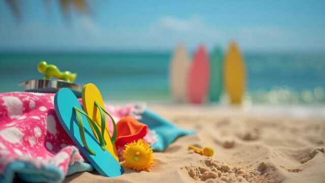 Vibrant Summer Beach Scene, Colorful Flip-Flops, Towel, Beach Toys on Sandy Shore with Blurred Ocean & Surfboards Background - Vacation Concept