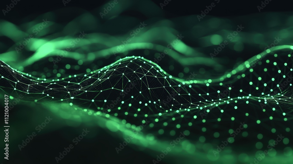 Poster abstract dark green glowing particles in bokeh background with floating shapes and bubbly texture fo