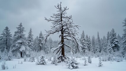 Majestic Snow-Covered Estonian Swamp, Ancient Tree in Winter Wonderland, Viewed from Behind