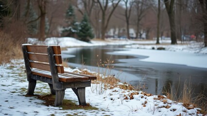Fototapeta premium Winter Solitude, Wooden Bench by Frozen River in Snowy Park